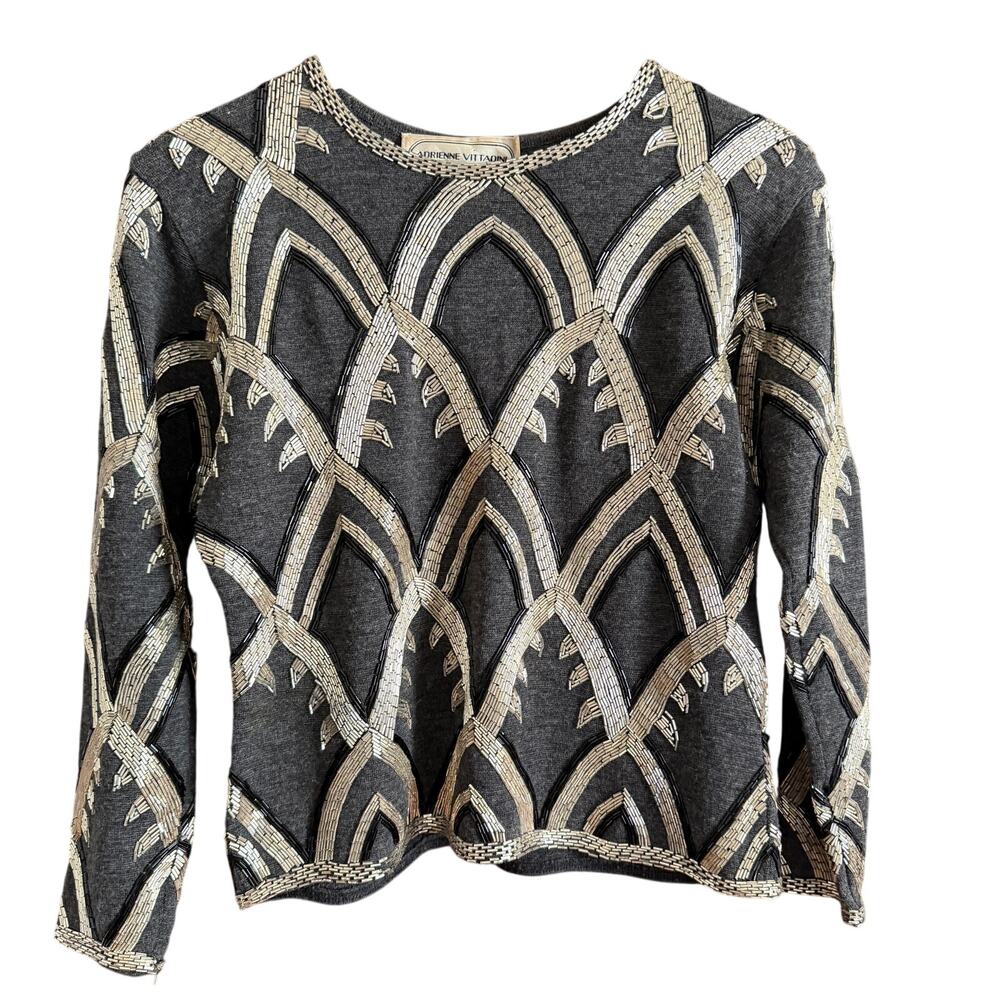 90s Vintage Adrienne Vittadini Gray & Black Art Deco Beaded Sweater Small Petite